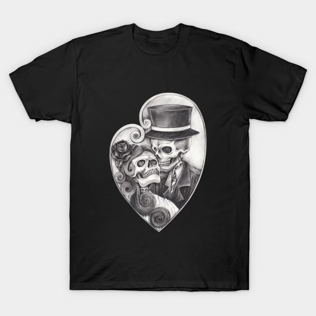 Skeleton in love couple wedding. T-Shirt by Jiewsurreal